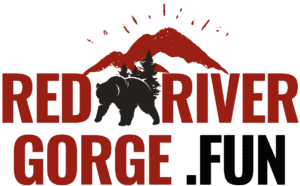 Red River Gorge .fun logo: Bear, mountains, and trees against a green background.
